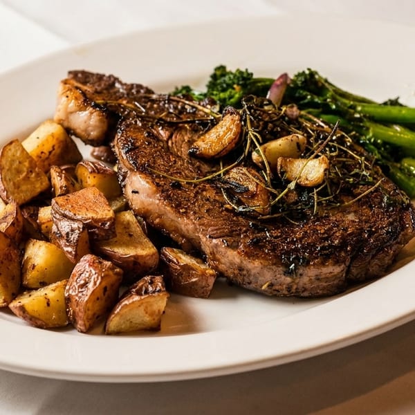 Grilled steak with roasted potatoes, broccolini, garlic, and herbs on a white plate.