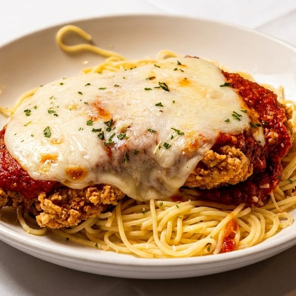 Chicken parmesan with melted mozzarella cheese and red sauce, served over spaghetti in a white bowl.