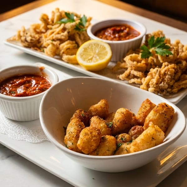 Fried calamari with lemon and marinara sauce, alongside fried mozzarella bites on a marble table.