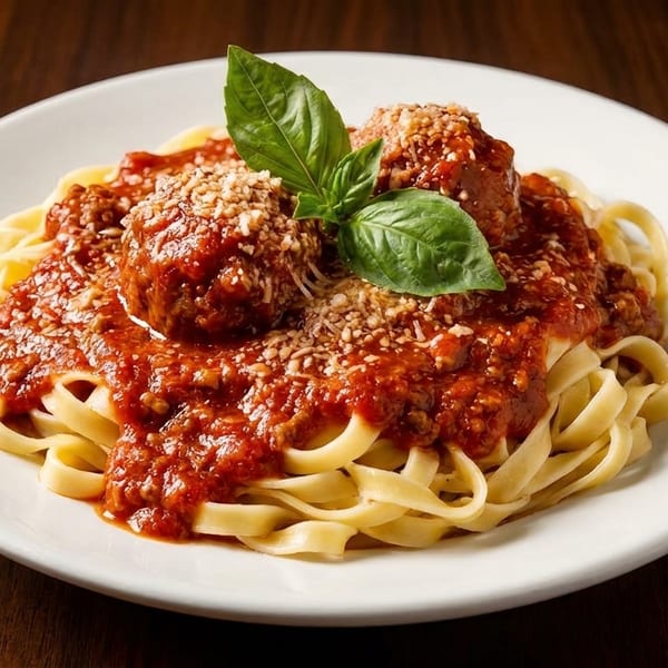 Fettuccine pasta with meatballs, rich red marinara sauce, grated cheese, and fresh basil on a white plate.