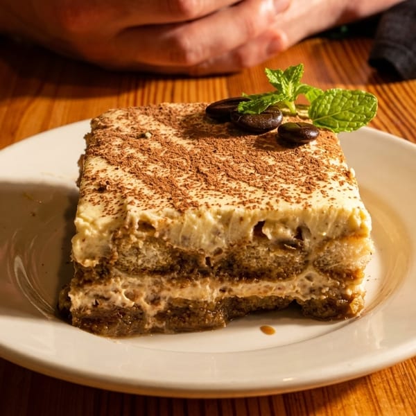 A slice of tiramisu with cocoa powder, coffee beans, and mint on a white plate.