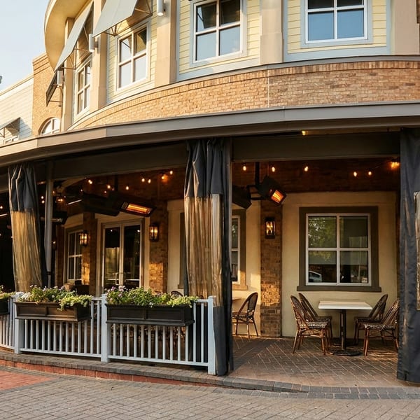 Outdoor patio of a restaurant with string lights, heaters, and tables with chairs.