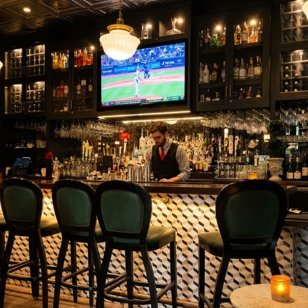A bartender works behind a well-stocked bar with green stools and a TV showing baseball.