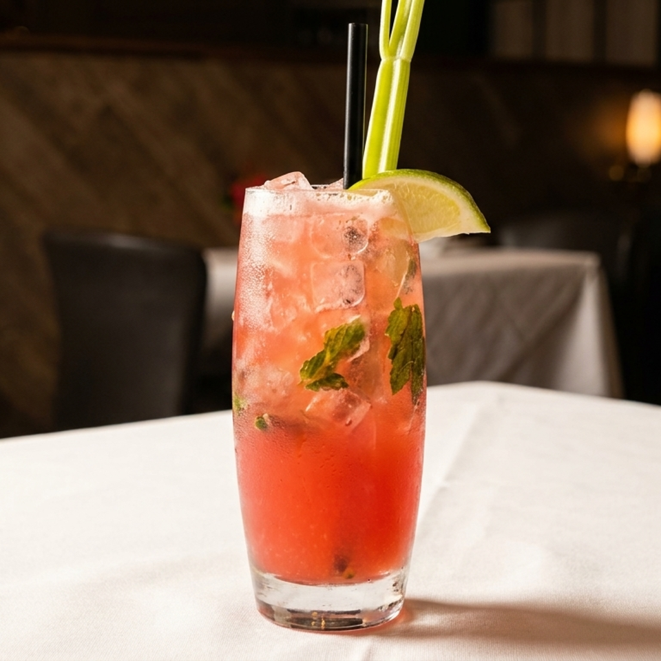 A vibrant red cocktail with ice, mint, lime, and celery on a white tablecloth in a dimly lit restaurant.