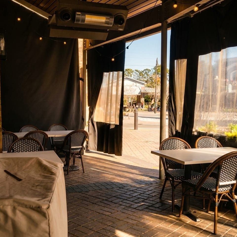 Outdoor patio with brick walls, black curtains, bistro tables, and chairs, with sunlight streaming in.