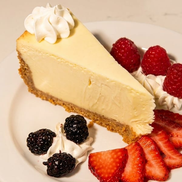 Slice of cheesecake with whipped cream, raspberries, blackberries, and sliced strawberries on a white plate.