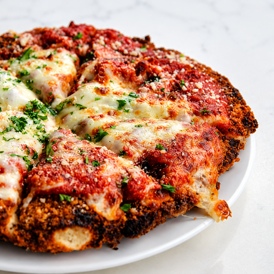 Close-up of a deep-dish pizza with melted mozzarella, red sauce, and parsley on a white plate.