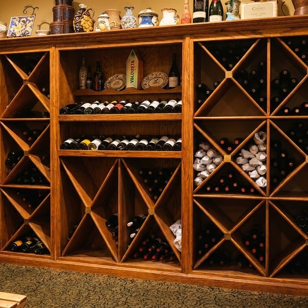A large wooden wine rack filled with numerous bottles of wine in a restaurant setting.