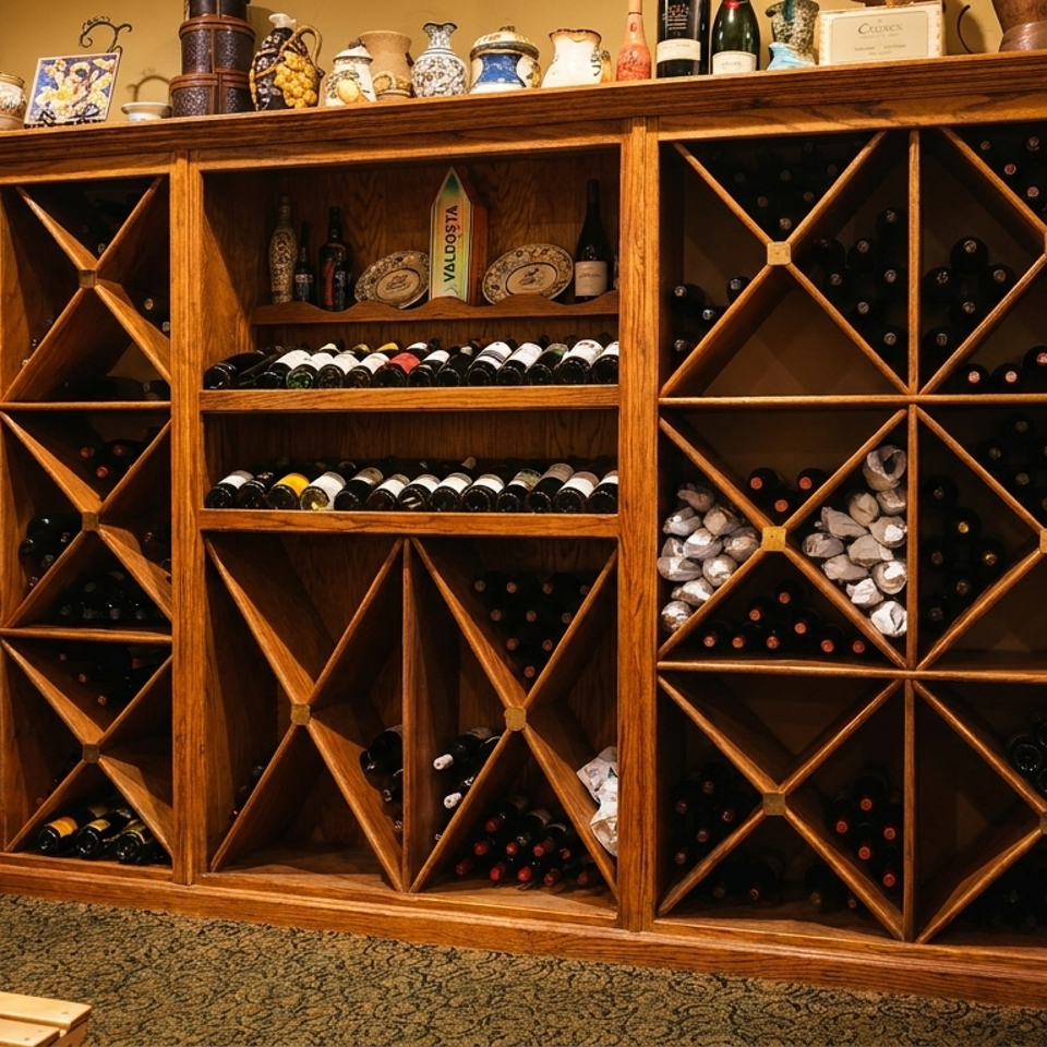 A large wooden wine rack filled with numerous bottles of wine in a restaurant setting.