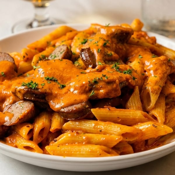 Penne pasta with sliced sausage in a creamy red sauce, garnished with parsley.