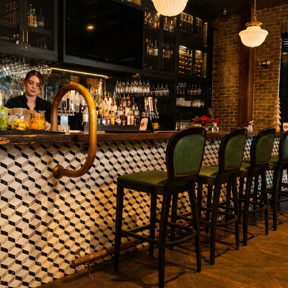 A bartender stands behind a stylish bar with geometric tile, green stools, and brick walls.